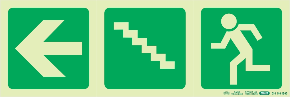 autop_SNP19E19 PHOTOLUMINESCENT 190MM SAFETY SIGN -E19-ARROW LEFT+STAIRS GOING U+RUNNING MAN — Progress Office Furniture Durban