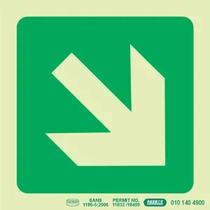 PHOTOLUMINESCENT 190MM SAFETY SIGN -E31-DIAGONAL ARROW DOWN AND RIGHT — Progress Office Furniture Durban