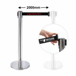 Retractable Queue Barrier Chrome With Black Belt 910x320mm With Print — Progress Office Furniture Durban