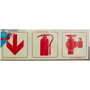 PHOTOLUMINESCENT 190MM SAFETY SIGN - F10-ARROW DOWN+FIRE EXTINGUISHER+FIRE HYDRANT — Progress Office Furniture Durban
