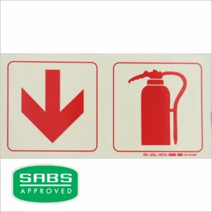 PHOTOLUMINESCENT 190MM SAFETY SIGN - F13-ARROW DOWN+FIRE EXTINGUISHER — Progress Office Furniture Durban