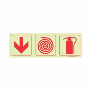 PHOTOLUMINESCENT 190MM SAFETY SIGN - F4-ARROW DOWN+FIRE HOSE REEL+FIRE EXTINGUISHER — Progress Office Furniture Durban